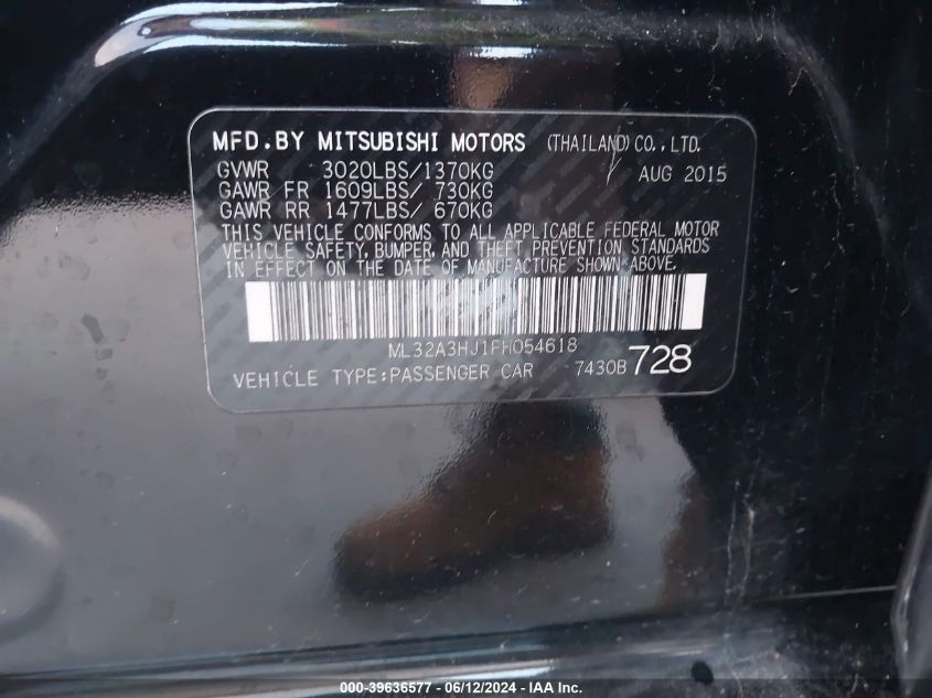 2015 Mitsubishi Mirage De/Rf VIN: ML32A3HJ1FH054618 Lot: 39636577