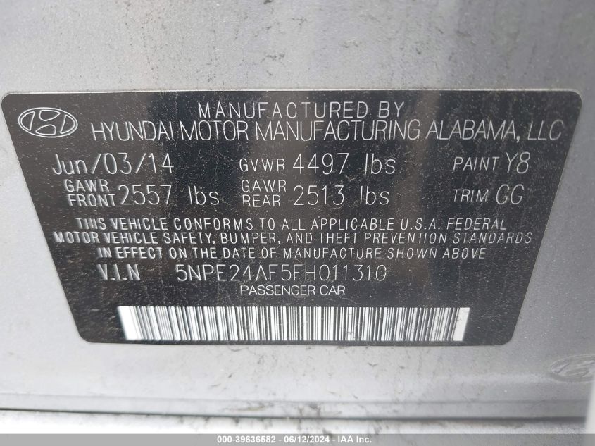 2015 Hyundai Sonata Se VIN: 5NPE24AF5FH011310 Lot: 39636582