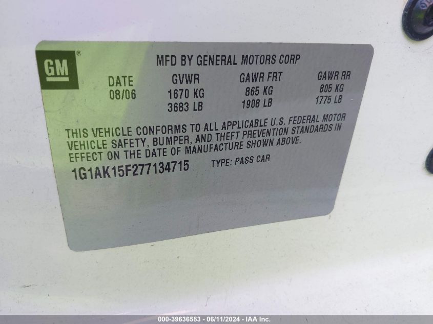 2007 Chevrolet Cobalt Ls VIN: 1G1AK15F277134715 Lot: 39636583