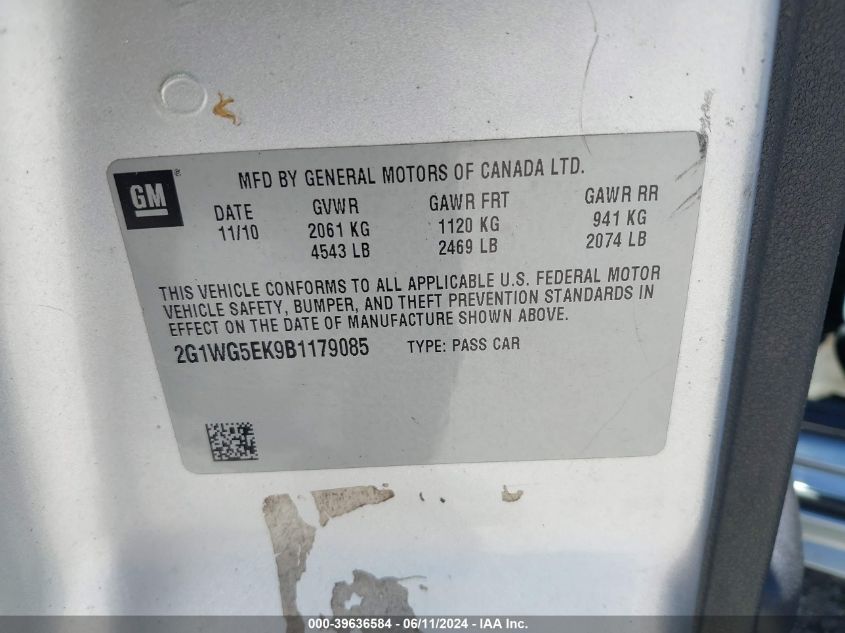 2011 Chevrolet Impala Lt VIN: 2G1WG5EK9B1179085 Lot: 39636584