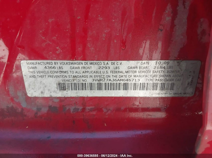 2010 Volkswagen Jetta Se VIN: 3VWRZ7AJ6AM045713 Lot: 39636585