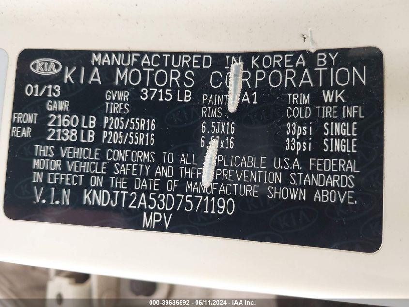 2013 Kia Soul VIN: KNDJT2A53D7571190 Lot: 39636592