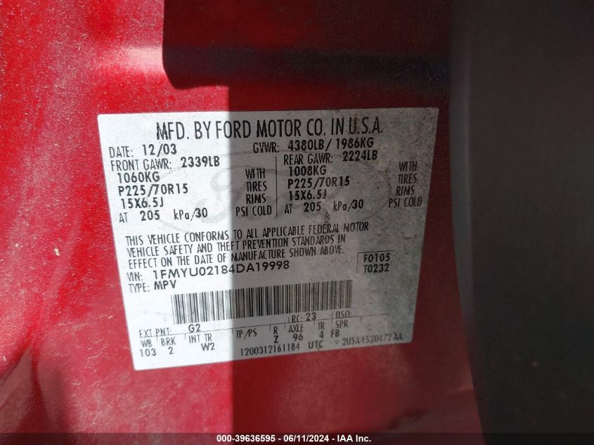 2004 Ford Escape Xls VIN: 1FMYU02184DA19998 Lot: 39636595