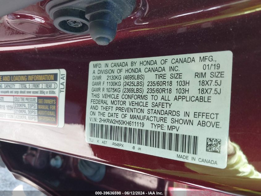 2019 Honda Cr-V Ex VIN: 2HKRW2H50KH611119 Lot: 39636598