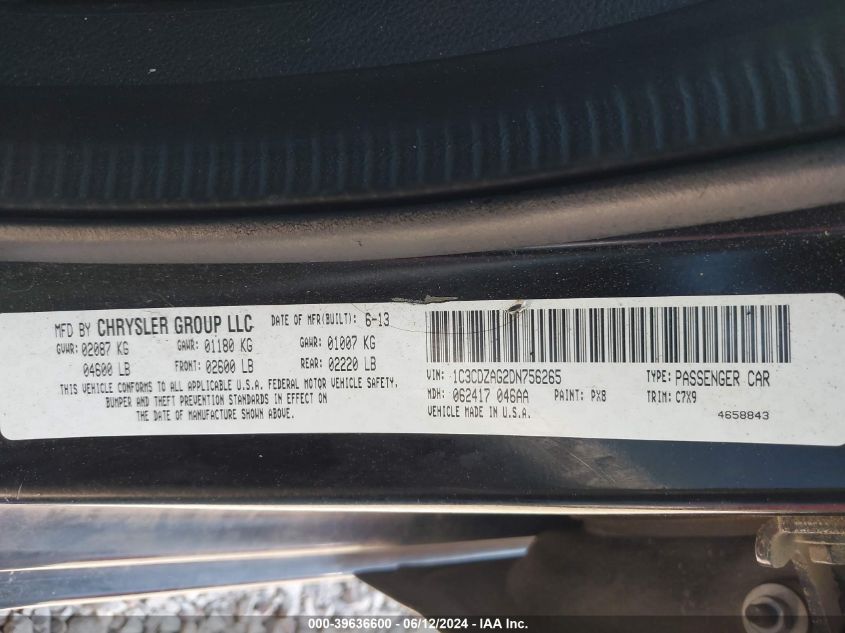 2013 Dodge Avenger Se V6 VIN: 1C3CDZAG2DN756265 Lot: 39636600