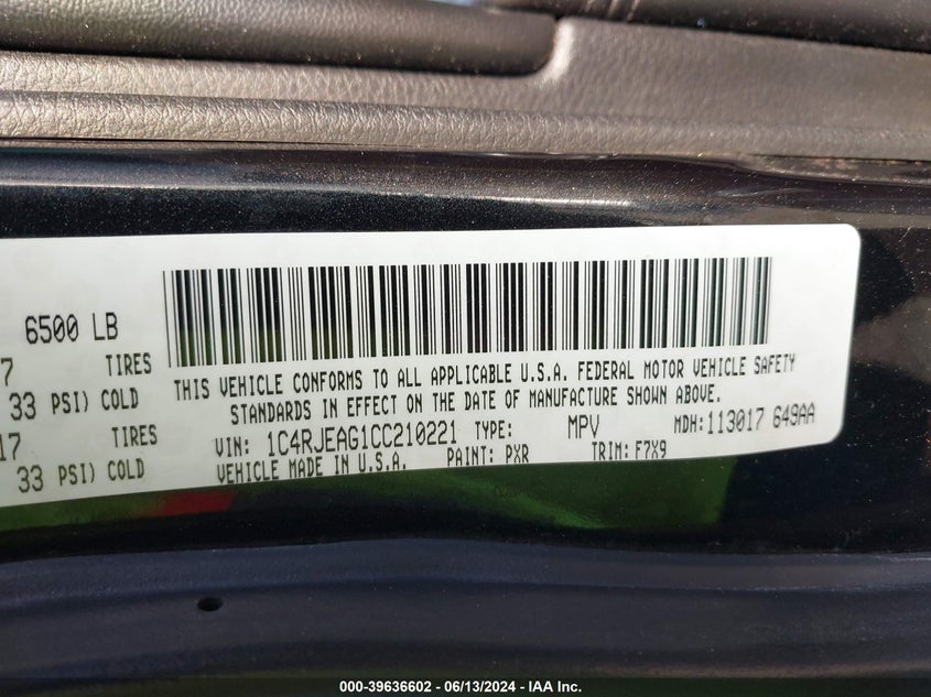 2012 Jeep Grand Cherokee Laredo VIN: 1C4RJEAG1CC210221 Lot: 39636602