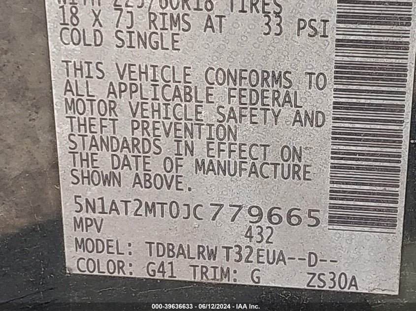 2018 Nissan Rogue Sl VIN: 5N1AT2MT0JC779665 Lot: 39636633