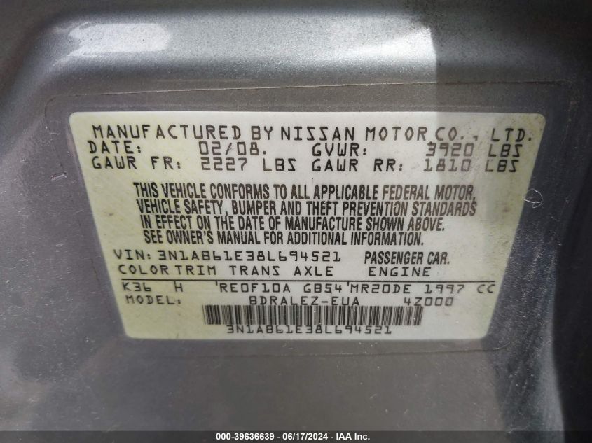 2008 Nissan Sentra 2.0S VIN: 3N1AB61E38L694521 Lot: 39636639