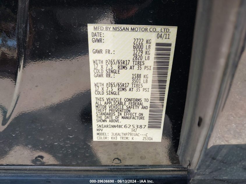 2011 Nissan Pathfinder Sv VIN: 5N1AR1NN4BC625387 Lot: 39636698