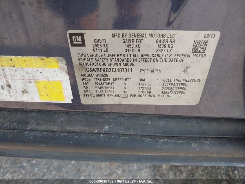 2014 Chevrolet Traverse Ls VIN: 1GNKRFKD3EJ187311 Lot: 39636702