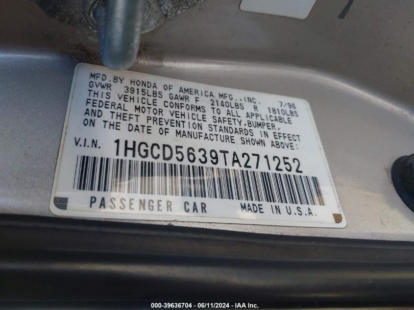 1996 Honda Accord Lx/Ex VIN: 1HGCD5639TA271252 Lot: 39636704