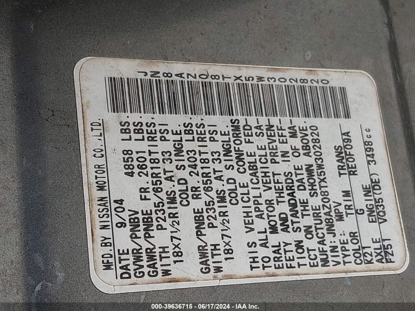 2005 Nissan Murano Sl VIN: JN8AZ08TX5W302820 Lot: 39636715