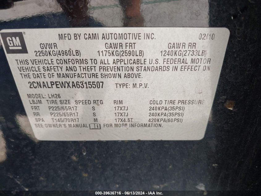 2010 Chevrolet Equinox Lt VIN: 2CNALPEWXA6315507 Lot: 39636716