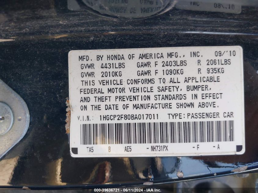 2011 Honda Accord 2.4 Ex-L VIN: 1HGCP2F80BA017011 Lot: 39636721