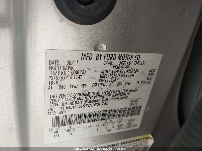 2012 Ford Expedition El Xlt VIN: 1FMJK1H57CEF00745 Lot: 39636732