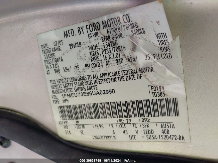 2006 Ford Explorer Xlt VIN: 1FMEU73E66UA02990 Lot: 39636749