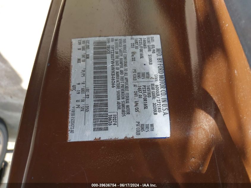 1998 Ford F-150 Lariat/Xl/Xlt VIN: 1FTZX07W6WKB46266 Lot: 39636754