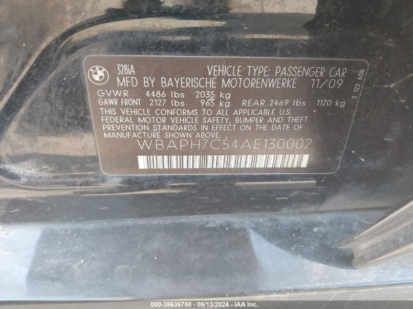 2010 BMW 328I VIN: WBAPH7C54AE130002 Lot: 39636758