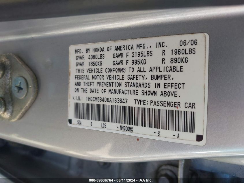 2006 Honda Accord 2.4 Lx VIN: 1HGCM56406A163647 Lot: 39636764