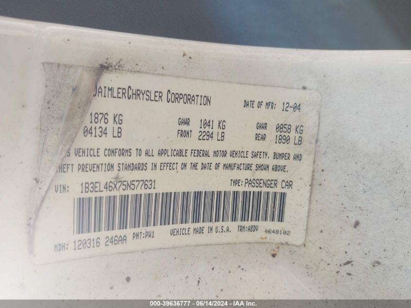 2005 Dodge Stratus Sxt VIN: 1B3EL46X75N577631 Lot: 39636777