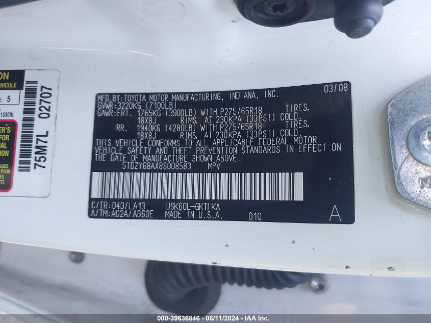 2008 Toyota Sequoia Limited 5.7L V8 VIN: 5TDZY68AX8S008583 Lot: 39636846