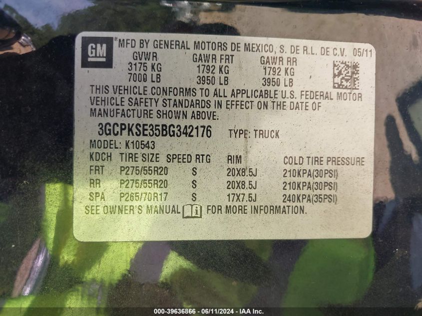 2011 Chevrolet Silverado 1500 Lt VIN: 3GCPKSE35BG342176 Lot: 39636866