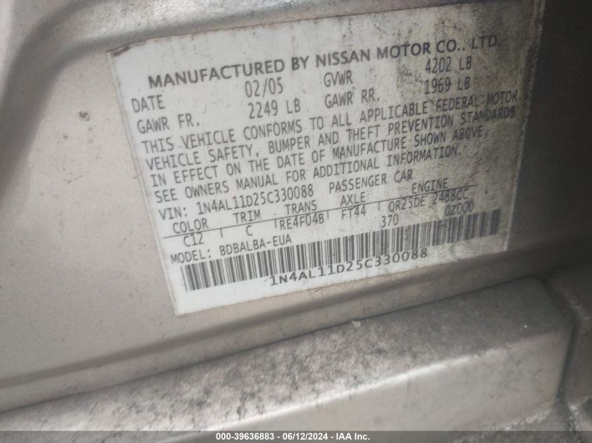 2005 Nissan Altima 2.5 S VIN: 1N4AL11D25C330088 Lot: 39636883