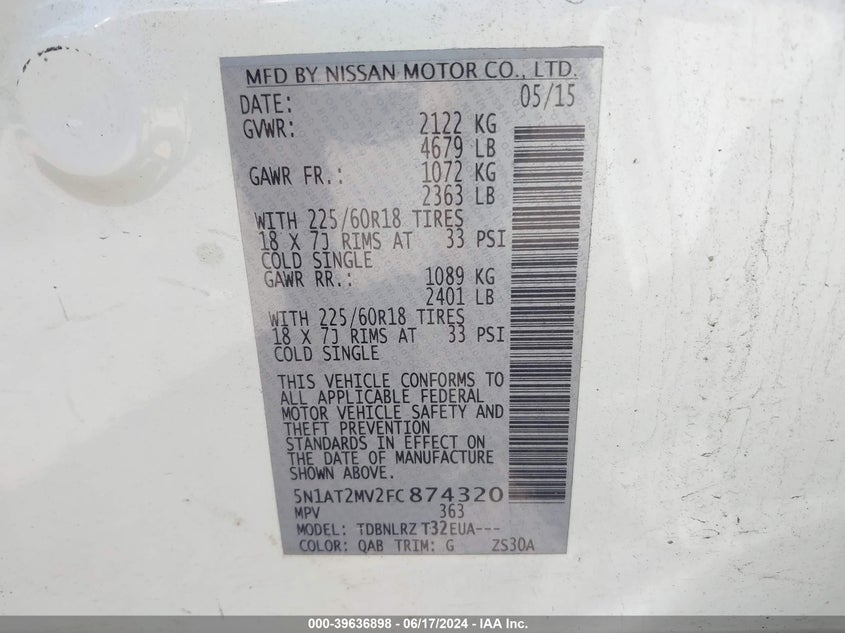 2015 Nissan Rogue Sl VIN: 5N1AT2MV2FC87432 Lot: 39636898