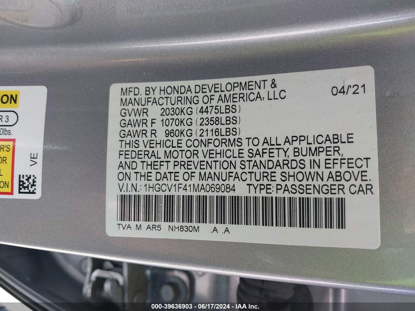 2021 Honda Accord Sport Special Edition VIN: 1HGCV1F41MA069084 Lot: 39636903
