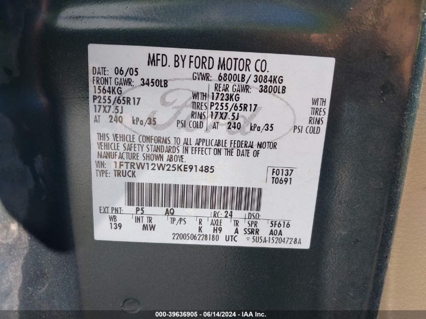 2005 Ford F-150 Xlt VIN: 1FTRW12W25KE91485 Lot: 39636905