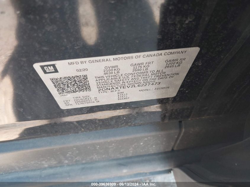 2020 Chevrolet Equinox Awd 2Fl VIN: 2GNAXTEV2L6227473 Lot: 39636909