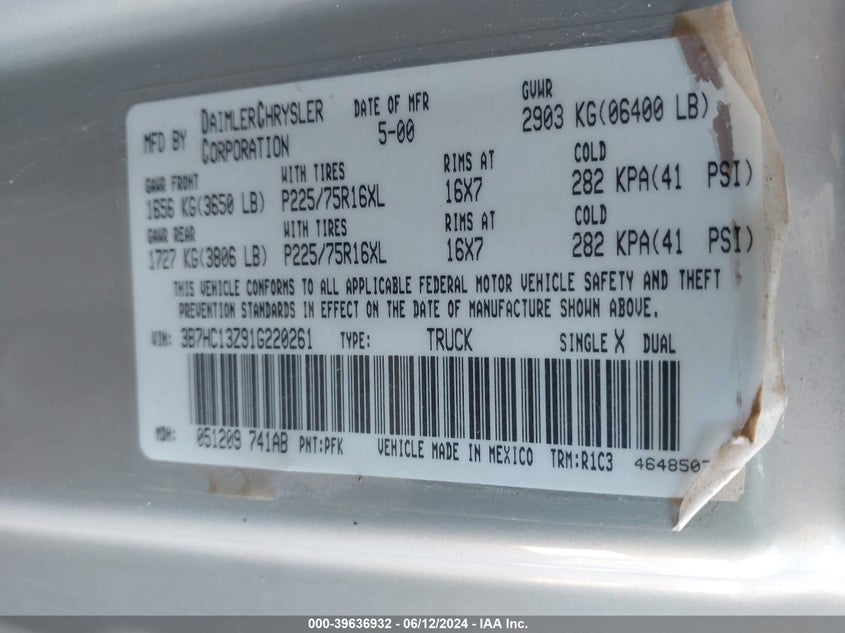 2001 Dodge Ram 1500 St VIN: 3B7HC13Z91G220261 Lot: 39636932