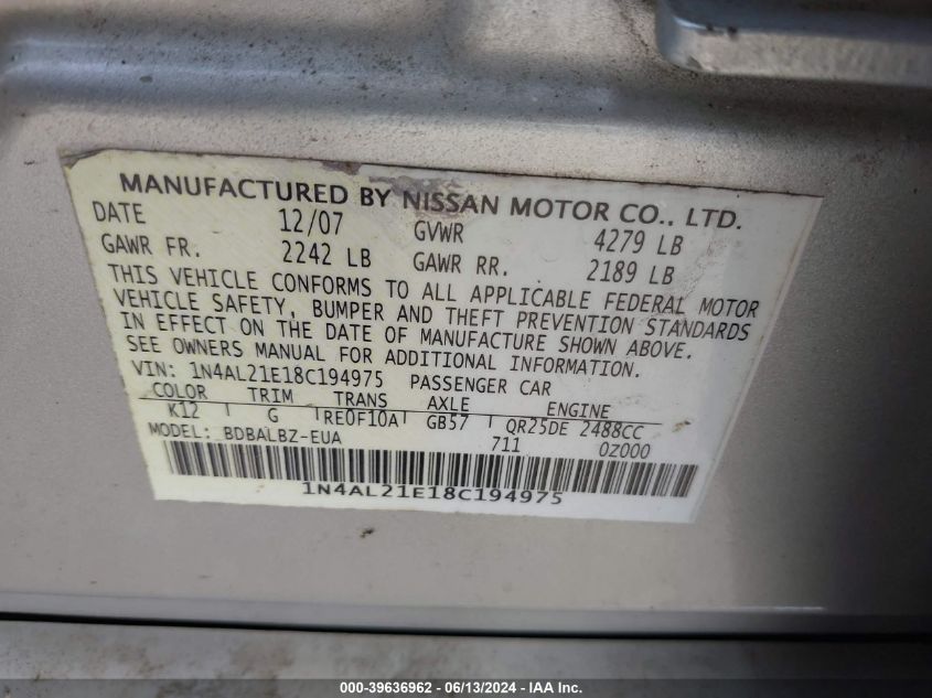 2008 Nissan Altima 2.5 S VIN: 1N4AL21E18C194975 Lot: 39636962