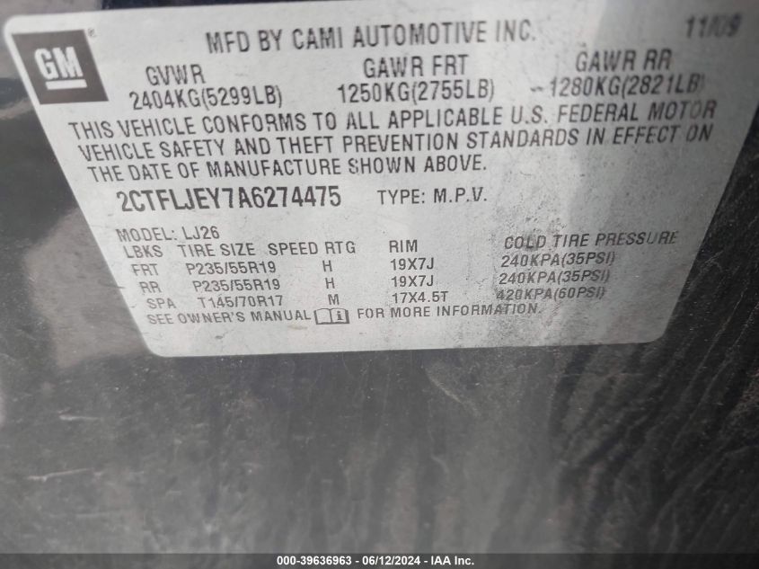 2010 GMC Terrain Slt-2 VIN: 2CTFLJEY7A6274475 Lot: 39636963