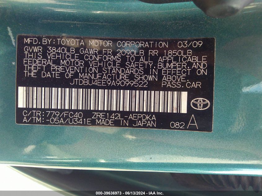 2010 Toyota Corolla Le VIN: JTDBU4EE9A9099522 Lot: 39636973