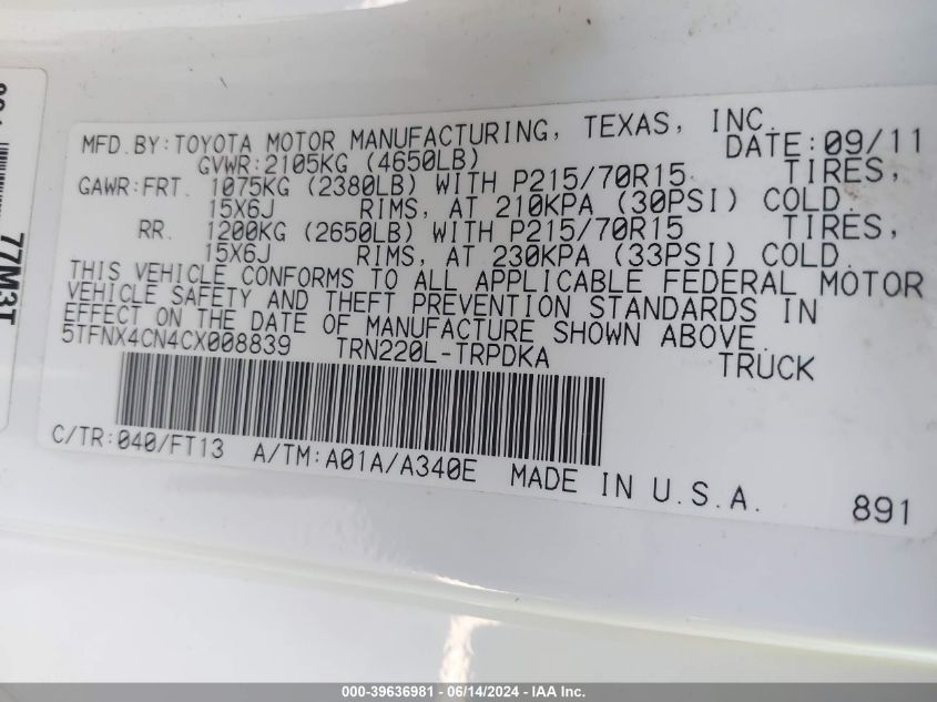 2012 Toyota Tacoma VIN: 5TFNX4CN4CX008839 Lot: 39636981