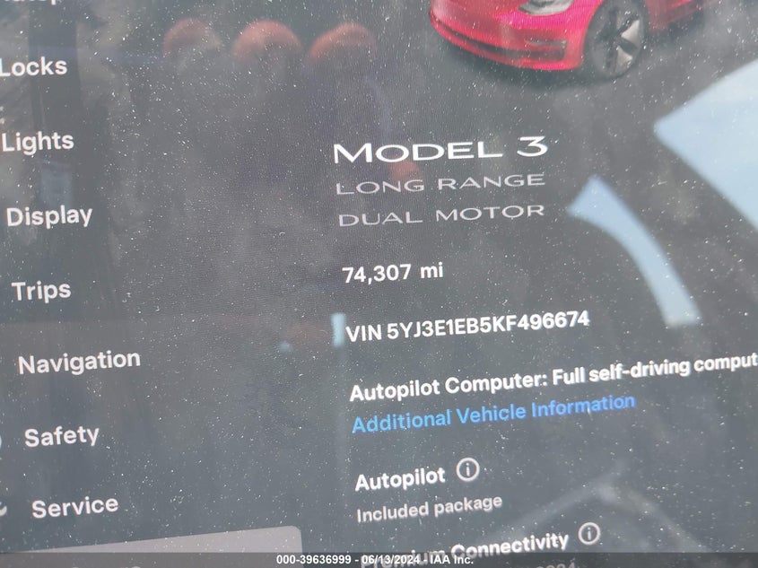 VIN 5YJ3E1EB5KF496674 2019 TESLA MODEL 3