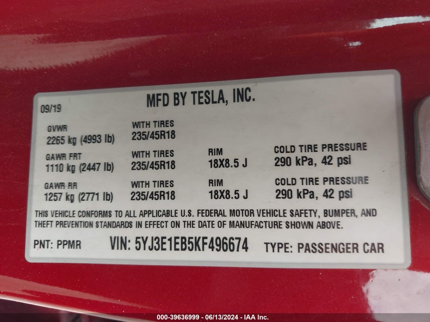 VIN 5YJ3E1EB5KF496674 2019 TESLA MODEL 3
