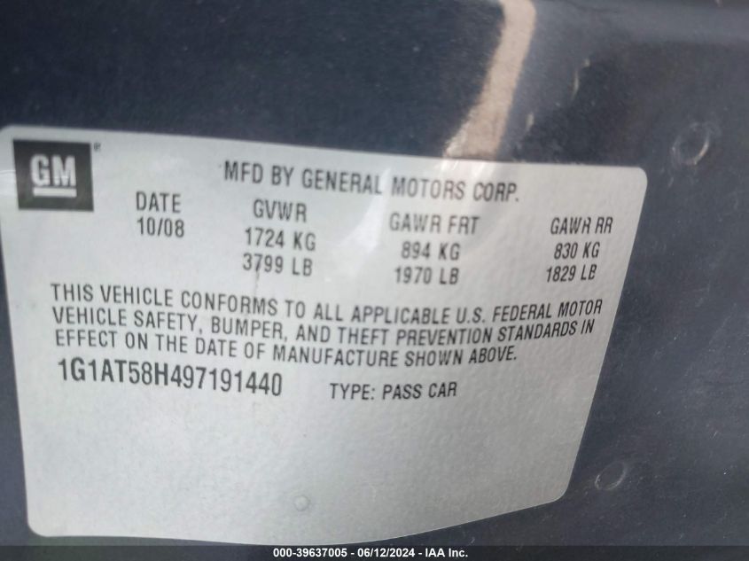 2009 Chevrolet Cobalt Lt VIN: 1G1AT58H497191440 Lot: 39637005