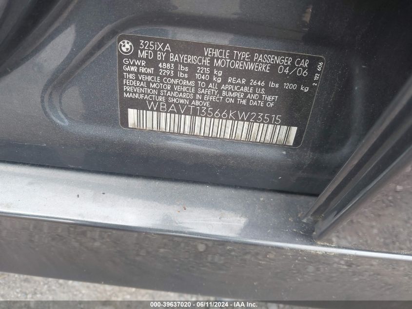 2006 BMW 325Xit VIN: WBAVT13566KW23515 Lot: 39637020