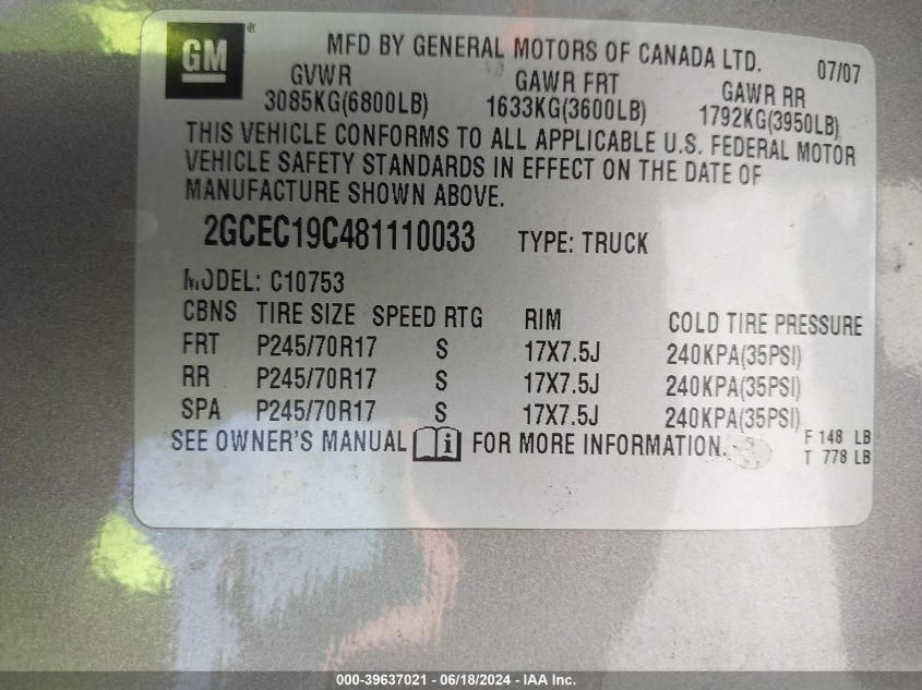 2008 Chevrolet Silverado 1500 Lt1 VIN: 2GCEC19C481110033 Lot: 39637021