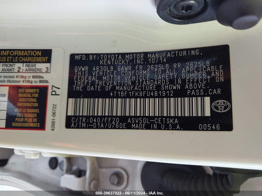 2015 Toyota Camry Se VIN: 4T1BF1FK8FU481912 Lot: 39637022