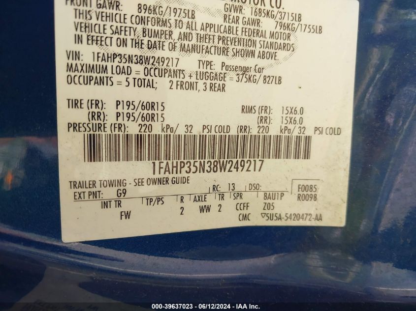 2008 Ford Focus Se/Ses VIN: 1FAHP35N38W249217 Lot: 39637023