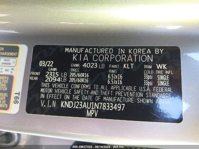 2022 Kia Soul Lx VIN: KNDJ23AU1N7833497 Lot: 39637025