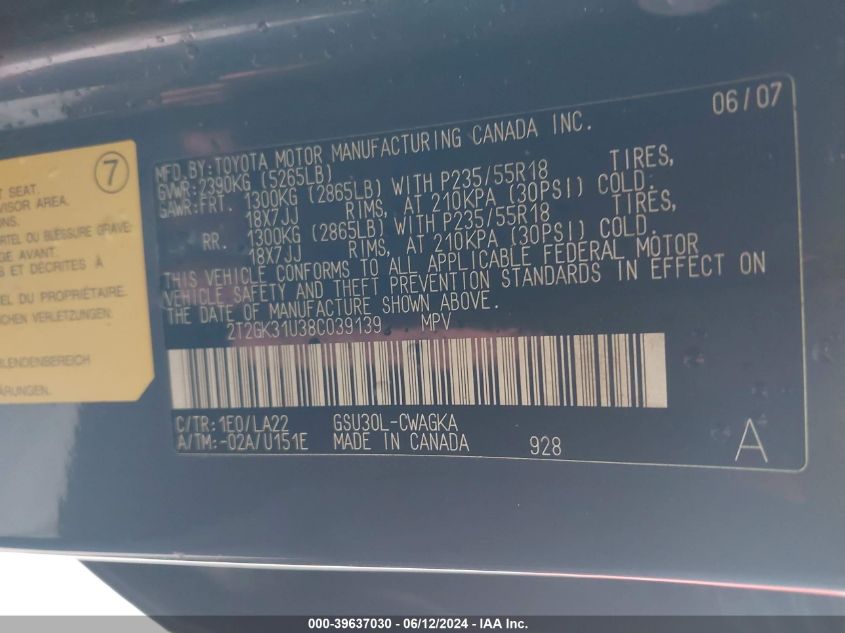 2008 Lexus Rx 350 VIN: 2T2GK31U38C039139 Lot: 39637030