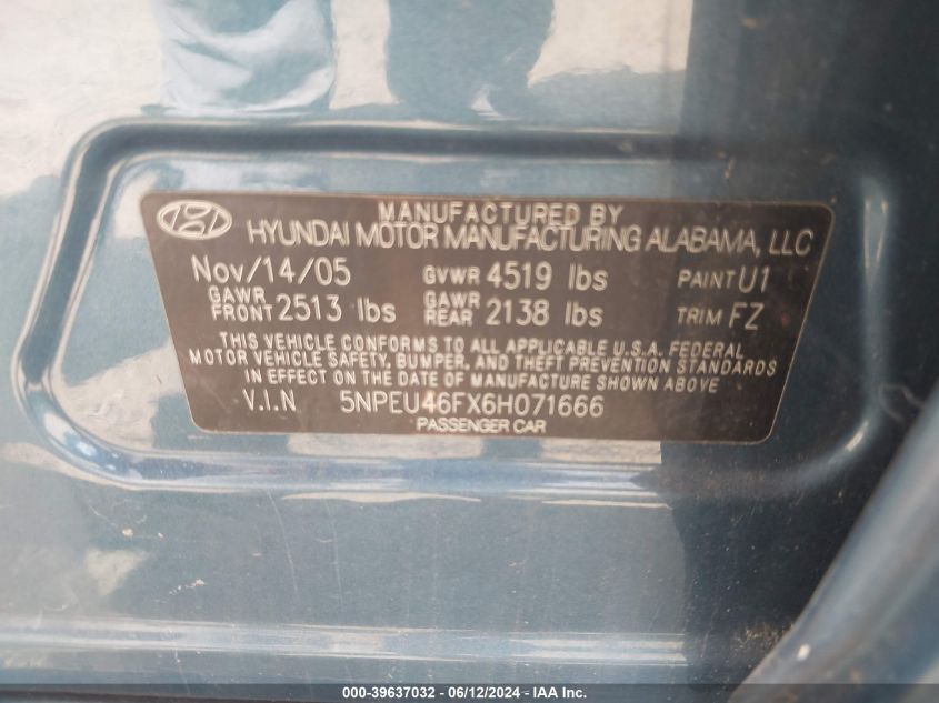 2006 Hyundai Sonata Gls V6/Lx V6 VIN: 5NPEU46FX6H071666 Lot: 39637032