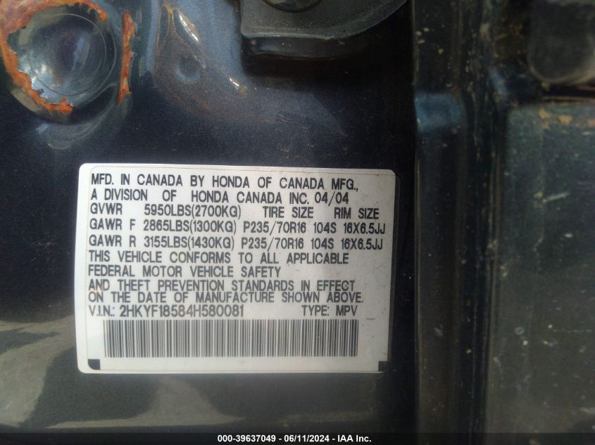 2004 Honda Pilot Ex-L VIN: 2HKYF18584H580081 Lot: 39637049