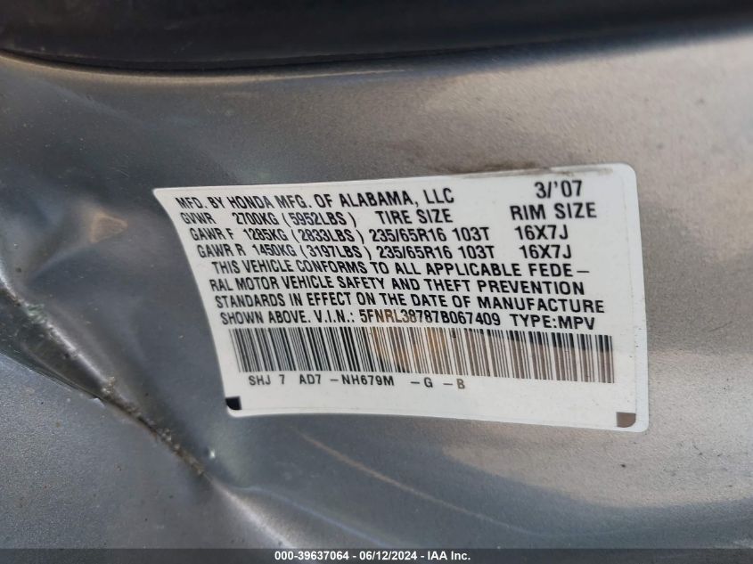 2007 Honda Odyssey Ex-L VIN: 5FNRL38787B067409 Lot: 39637064