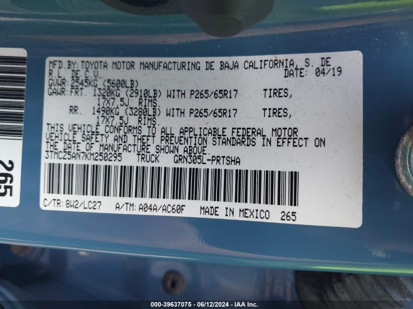 2019 Toyota Tacoma Trd Sport VIN: 3TMCZ5AN7KM250295 Lot: 39637075