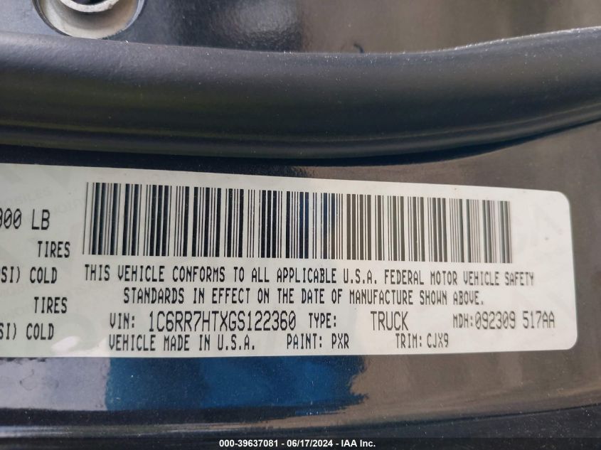 2016 Ram 1500 Sport VIN: 1C6RR7HTXGS122360 Lot: 39637081